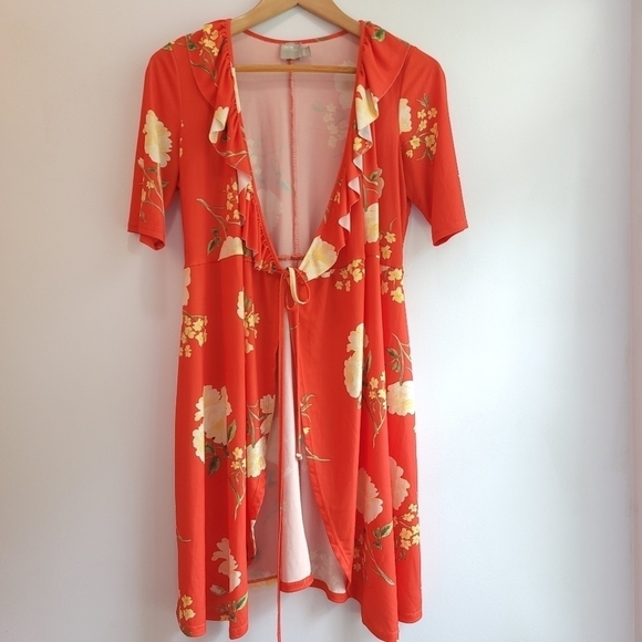ASOS Orange Floral Short Sleeve Kimono /Robe Size 6 - Picture 7 of 8